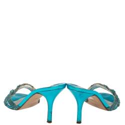 Pre Owned Gina Blue Crystal Embellished Leather Zeta Slide Sandals Size 39.5