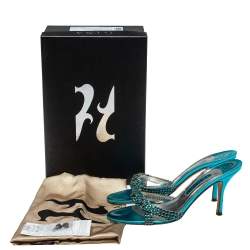 Pre Owned Gina Blue Crystal Embellished Leather Zeta Slide Sandals Size 39.5