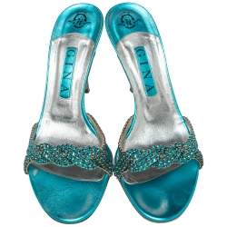 Pre Owned Gina Blue Crystal Embellished Leather Zeta Slide Sandals Size 39.5
