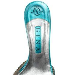 Pre Owned Gina Blue Crystal Embellished Leather Zeta Slide Sandals Size 39.5