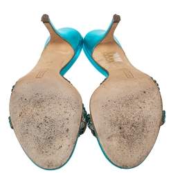 Pre Owned Gina Blue Crystal Embellished Leather Zeta Slide Sandals Size 39.5