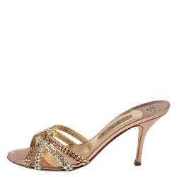 Pre Owned Gina Metallic Bronze Crystal Embellished Leather Slide Sandals Size 39.5