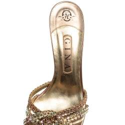 Pre Owned Gina Metallic Bronze Crystal Embellished Leather Slide Sandals Size 39.5