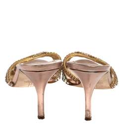 Pre Owned Gina Metallic Bronze Crystal Embellished Leather Slide Sandals Size 39.5