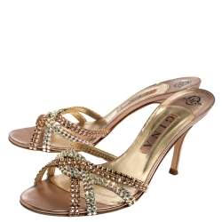 Pre Owned Gina Metallic Bronze Crystal Embellished Leather Slide Sandals Size 39.5