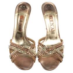 Pre Owned Gina Metallic Bronze Crystal Embellished Leather Slide Sandals Size 39.5
