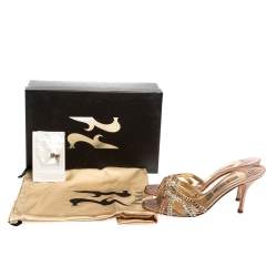 Pre Owned Gina Metallic Bronze Crystal Embellished Leather Slide Sandals Size 39.5