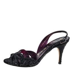 مملوكة مسبقًا صندل جينا جلد أسود مزخرف كريستال بحزام للكاحل مقاس 38