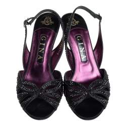 مملوكة مسبقًا صندل جينا جلد أسود مزخرف كريستال بحزام للكاحل مقاس 38