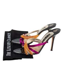 مملوكة مسبقًا Gina Multicolor Satin And Leather Crystal Embellished Cross Sandals Size 40.5