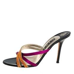 مملوكة مسبقًا Gina Multicolor Satin And Leather Crystal Embellished Cross Sandals Size 40.5