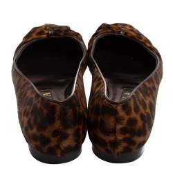 Pre Owned Gina Brown Leopard Print Fur And Leather Ballet Flats Size 38.5