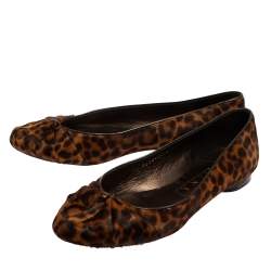 Pre Owned Gina Brown Leopard Print Fur And Leather Ballet Flats Size 38.5