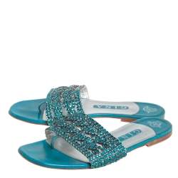 Pre Owned Gina Blue Leather Embellished Flat Sandals Size 39