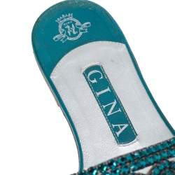 Pre Owned Gina Blue Leather Embellished Flat Sandals Size 39
