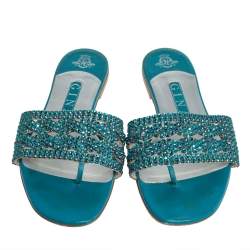 Pre Owned Gina Blue Leather Embellished Flat Sandals Size 39