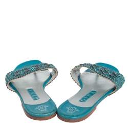 Pre Owned Gina Blue Leather Embellished Flat Sandals Size 39