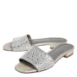 Pre Owned Gina Grey Leather Crystal Embellished Slide Sandals Size 37.5