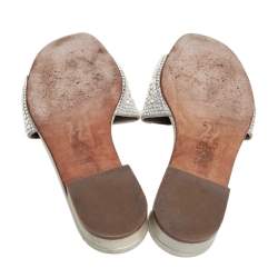 Pre Owned Gina Grey Leather Crystal Embellished Slide Sandals Size 37.5