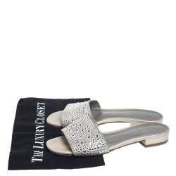 Pre Owned Gina Grey Leather Crystal Embellished Slide Sandals Size 37.5