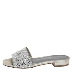 Pre Owned Gina Grey Leather Crystal Embellished Slide Sandals Size 37.5