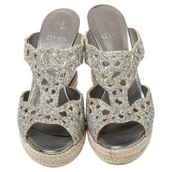 Pre Owned صندل كعب روكي جينا نعل سميك غليتر فضي مقاس 38