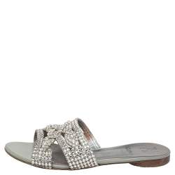 Pre Owned Gina Grey Leather Crystal Embellished Loren Flat Sandals Size 38