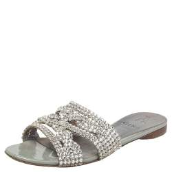 Pre Owned Gina Grey Leather Crystal Embellished Loren Flat Sandals Size 38