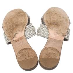 Pre Owned Gina Grey Leather Crystal Embellished Loren Flat Sandals Size 38
