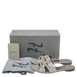 Pre Owned Gina Grey Leather Crystal Embellished Loren Flat Sandals Size 38