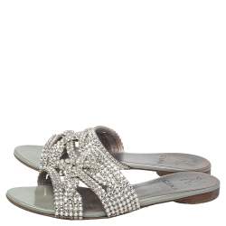 Pre Owned Gina Grey Leather Crystal Embellished Loren Flat Sandals Size 38