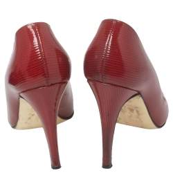 Gina Red Glossy Lizard Embossed Leather Pointed Toe Pumps Size 38