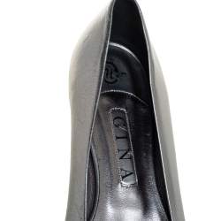 Pre Owned Gina Metallic Silver Leather And Satin Crystal Embellished Cap Toe Bow Ballet Flats Size 42