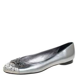 Pre Owned Gina Metallic Silver Leather And Satin Crystal Embellished Cap Toe Bow Ballet Flats Size 42