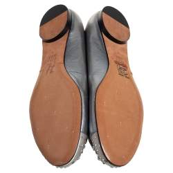 Pre Owned Gina Metallic Silver Leather And Satin Crystal Embellished Cap Toe Bow Ballet Flats Size 42