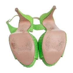 مملوكة مسبقًا Gina Green Python Embossed Leather Peep Toe Platform Slingback Sandals Size 38