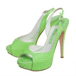 مملوكة مسبقًا Gina Green Python Embossed Leather Peep Toe Platform Slingback Sandals Size 38