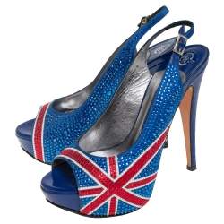مملوكة مسبقًا Gina Union Jack Satin Crystal Embellished Slingback Sandals Size 37