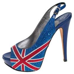 مملوكة مسبقًا Gina Union Jack Satin Crystal Embellished Slingback Sandals Size 37