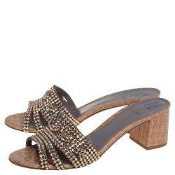 مملوكة مسبقًا Gina Brown Leather Crystal Embellished Leather Block Heel Slide Sandals Size 40.5