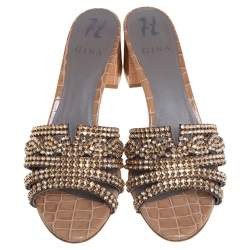 مملوكة مسبقًا Gina Brown Leather Crystal Embellished Leather Block Heel Slide Sandals Size 40.5