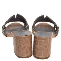 مملوكة مسبقًا Gina Brown Leather Crystal Embellished Leather Block Heel Slide Sandals Size 40.5