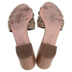 مملوكة مسبقًا Gina Brown Leather Crystal Embellished Leather Block Heel Slide Sandals Size 40.5