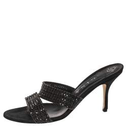 Pre Owned صندل سلايد جينا جلد أسود مزخرف كريستال مقاس 41