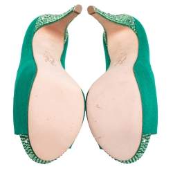 Pre Owned Gina Green Canvas Crystal Embellished Heel Peep Toe Platform Pumps Size 38.5