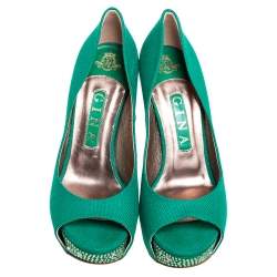 Pre Owned Gina Green Canvas Crystal Embellished Heel Peep Toe Platform Pumps Size 38.5
