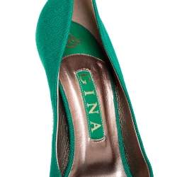 Pre Owned Gina Green Canvas Crystal Embellished Heel Peep Toe Platform Pumps Size 38.5