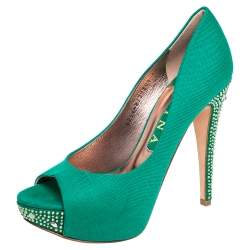 Pre Owned Gina Green Canvas Crystal Embellished Heel Peep Toe Platform Pumps Size 38.5