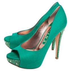 Pre Owned Gina Green Canvas Crystal Embellished Heel Peep Toe Platform Pumps Size 38.5