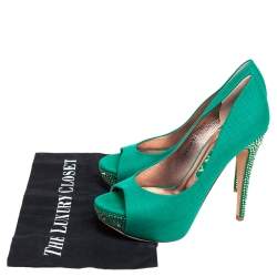 Pre Owned Gina Green Canvas Crystal Embellished Heel Peep Toe Platform Pumps Size 38.5